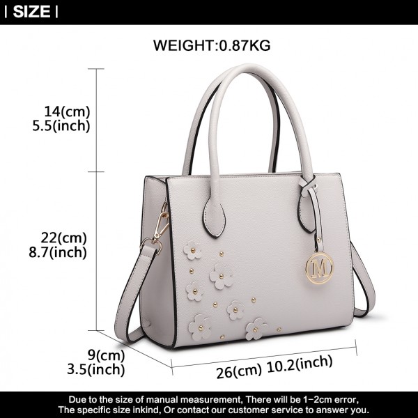 LH6809 - Miss Lulu Embellished Flower Leather Look Handbag - Light Grey LH6809 - Miss Lulu Embellished Flower Leather Look Handbag - Light Grey